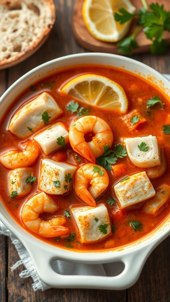 A bowl of Mediterranean fish stew with fish and shrimp in tomato broth, garnished with parsley and lemon, on a rustic table with bread.